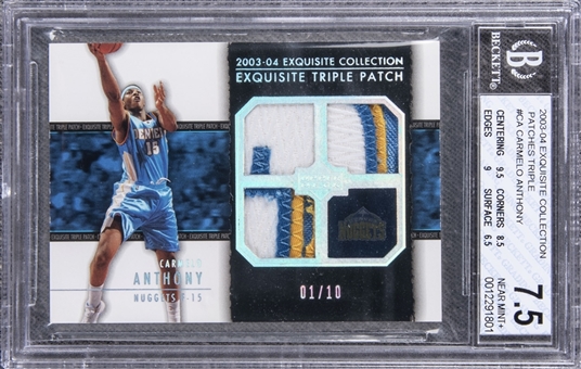 2003-04 UD "Exquisite Collection" Patches Triple #CA Carmelo Anthony Game Used Patch Rookie Card (#01/10) - BGS NM+ 7.5